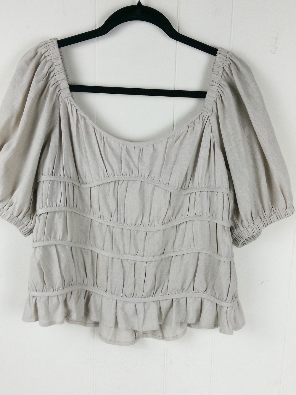 Women's Linen Blend Crop Top Size L Beige Puff Sleeves Lined Peasant Boho